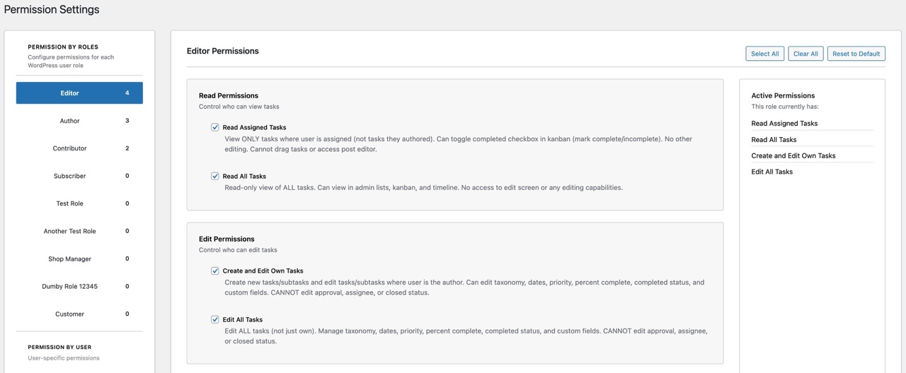 permissions settings screen for editor role