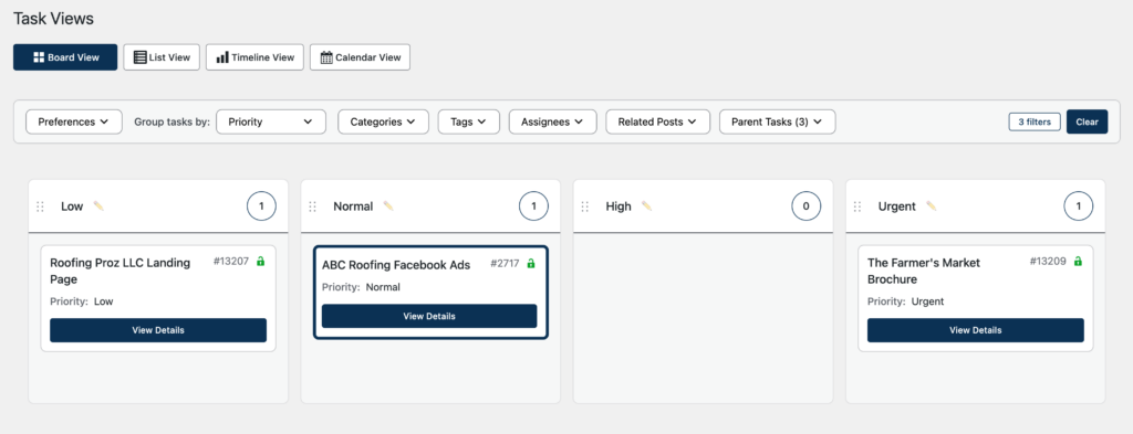 kanban board on the task priority lane